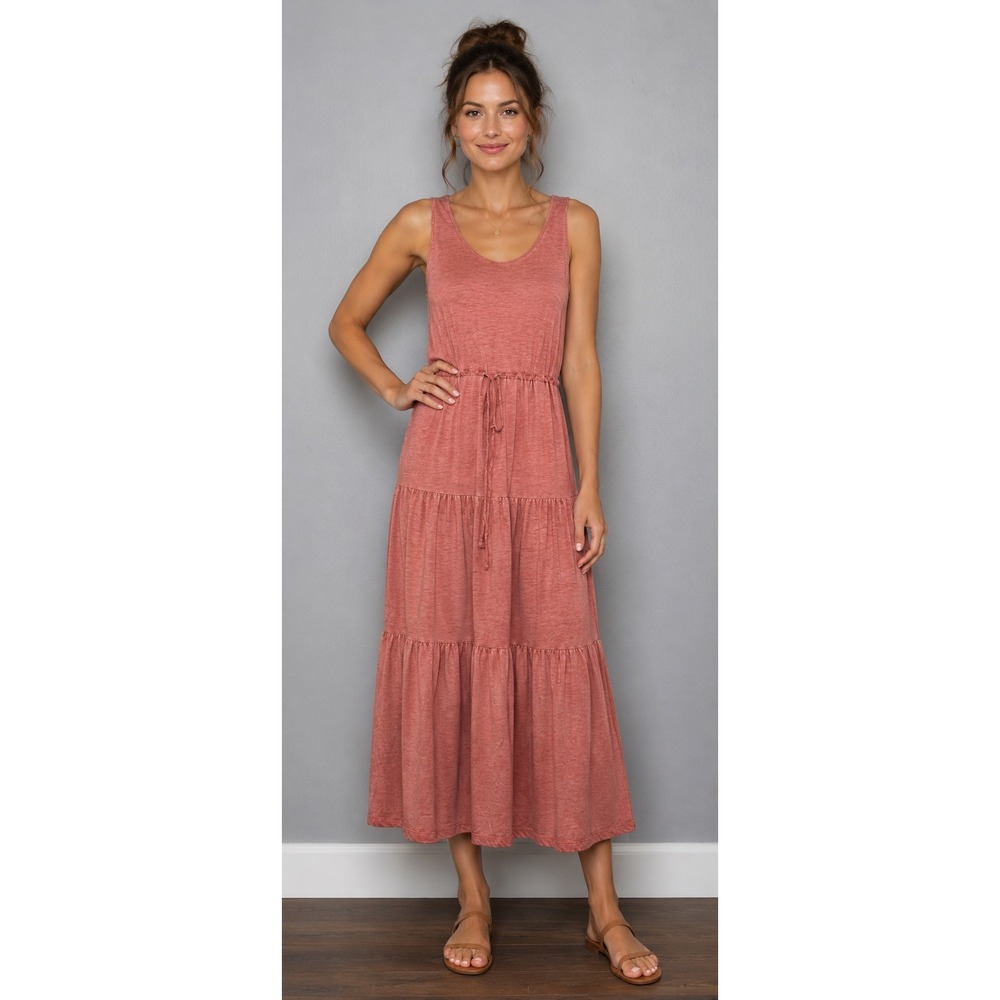 Falls Creek Maxi Dress Women Small Pink Tiered Drawstring Sleeveless Casual